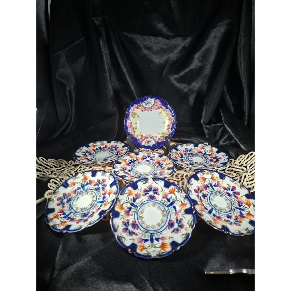 Vintage Hand Painted Floral Porcelain Saucers Cobalt Blue Gold Gilt Set of 7
